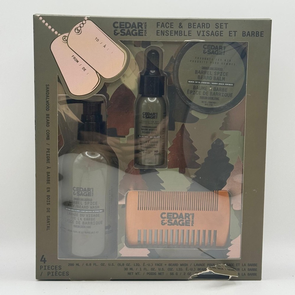 New Cedar & Sage Men's Beard Care Set Sandalwood 4pc Grooming Gift Kit
